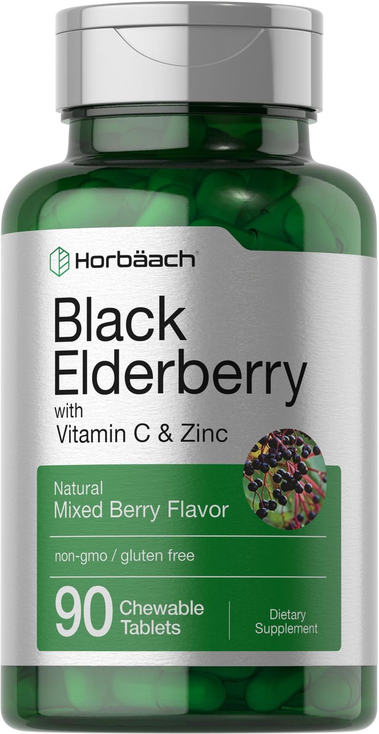 Horbaach Black Elderberry Vitamin C and Zinc 90 Chewable Tablets Mixed Berry Flavor Immune Support Complex Vegetarian, Non-GMO, and Gluten Free Supplement