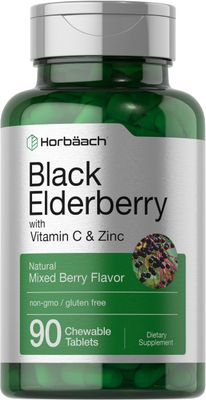 Horbaach Black Elderberry Vitamin C and Zinc 90 Chewable Tablets Mixed Berry Flavor Immune Support Complex Vegetarian, Non-GMO, and Gluten Free Supplement