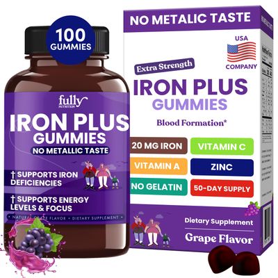 Iron Gummies Supplements for Adults (Women, Men) and Kids - Grape Flavor- Supports Anemia, Energy and Focus Levels - 100 Count