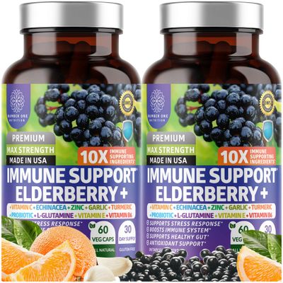 2 Pack N1N Premium 10 in 1 Immune Support Supplement 10 Potent Ingredients with Elderberry, Vitamin C, Zinc, Echinacea, Turmeric Curcumin, Garlic and Probiotics for Adults, 120 Veg Caps