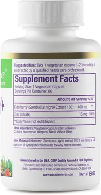 Paradise Herbs Elderberry with Zinc Extract, Supports Body's Natural Defenses, Super Potent, Ultra Pure, Vegan, Non GMO, Gluten Free, 60 Vegetarian Capsules