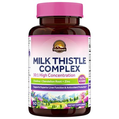 Vitalitown Milk Thistle Complex 30X Extract Std. 80 Silymarin Choline Dandelion Root Zinc Superior Liver Antioxidant Support Vegan, Non-GMO, No Dairy 600 mg 60 Veggie Caps