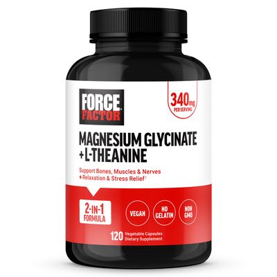 Force Factor Magnesium L-Theanine, Magnesium Bisglycinate Supplement to Support Bones, Muscles, Nerves, Relaxation, and Mood, Vegan, No Gelatin, Non-GMO, 120 Vegetable Capsules