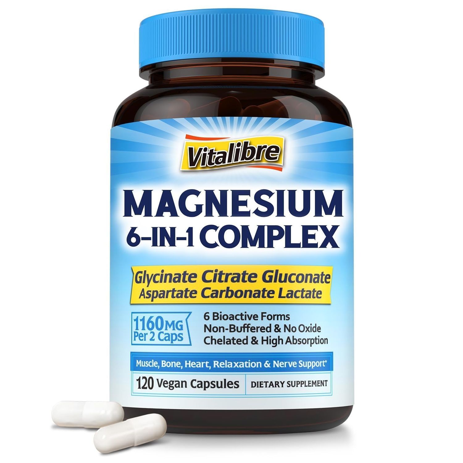 Vitalibre Magnesium Complex Supplement 6 in 1, 1160mg Chelated Magnesium for Max Absorption, Help with Better Sleep, Muscle Relax Nerve Calm, 120 Vegan Capsules, Non GMO Gluten Free
