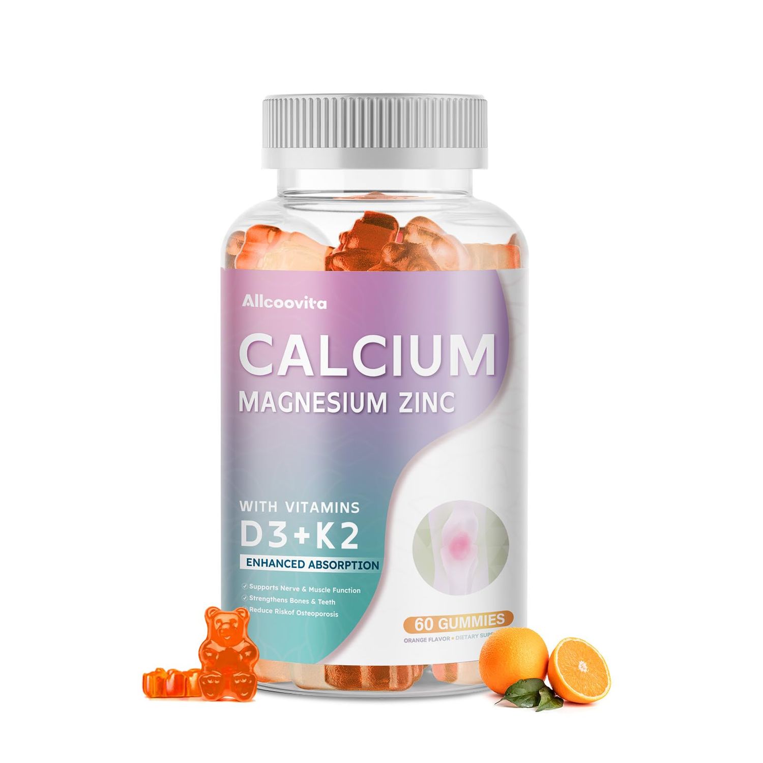 Calcium Magnesium Zinc Gummies with Vitamin D3 K2 - High Potency Enhanced Absorption -60 Orange Gummies Flavored.