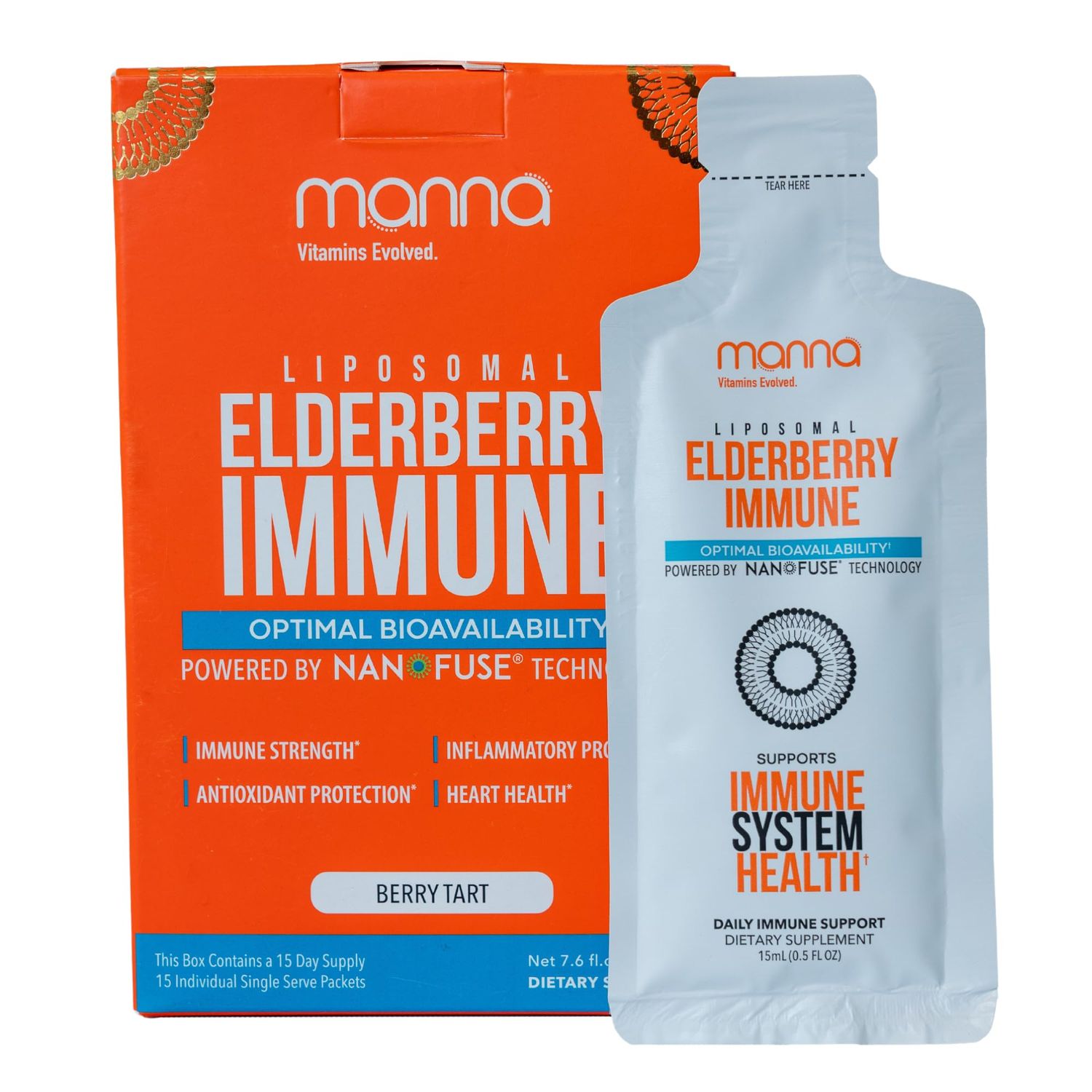 Manna Liposomal Elderberry Immune Packets - Vitamins C, D, Zinc, Echinacea Ginger - Daily Immune Support for Adults Kids - Sugar Free, Real Elderberry Extract Syrup, Travel-Friendly, 15 Pack