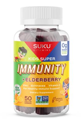 SUKU Vitamins - Kids Super Immunity - Elderberry, Echinacea, Vitamin A and Zinc Gummies for Immune Support - Easy to Chew - Non GMO, Gluten Sugar Free - Pomegranate Lime Gummy Vitamins, 50 Count