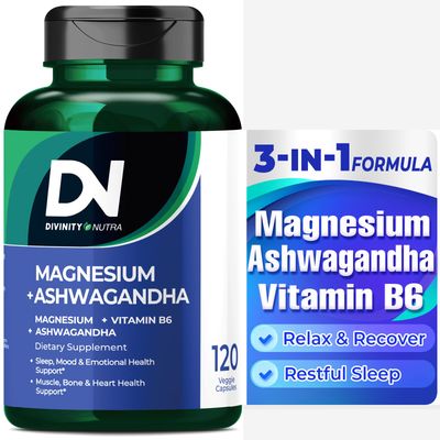 Divinity Nutra Magnesium Ashwagandha Supplement, Calming Magnesium Glycinate Malate Vitamin B6 for Muscles Bone Health Support Muscle Recovery, Calm Relaxation 468mg 120 ct (2 Month Supply)