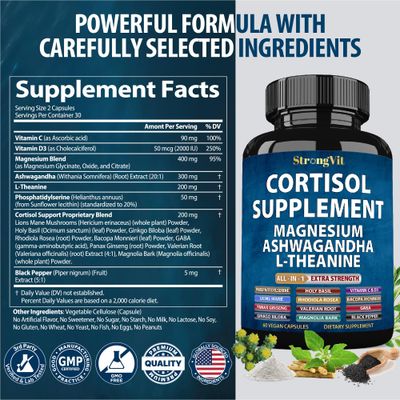 Cortisol Supplements for Women and Men with Magnesium, Ashwagandha L-Theanine. High Cortisol Reducer, Manager, Detox, Lower and Control. Sleep Support Stress Relief, USA