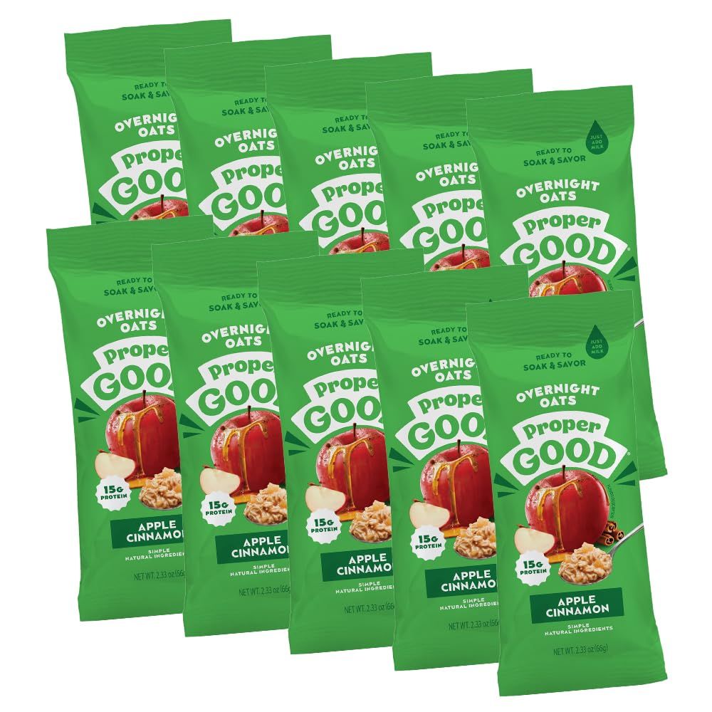 Proper Good Apple Cinnamon Overnight Oats - Nutritious Delicious Breakfast with 15g Protein - Quick Easy Meal with Natural Ingredients - Satisfying Start to Your Day - Pack of 10