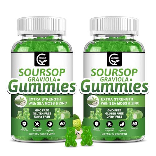 (2 Pack) Soursop Graviola Gummies - 2200mg Extra Strength Soursop Leaves Extract wSea Moss Extract 200mg, Zinc Vitamin C - Supports Immunity, Liver Digestive, Gluten Free, Vegan, 120 Gummies