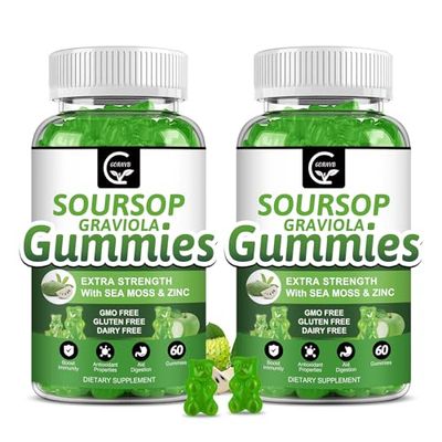 (2 Pack) Soursop Graviola Gummies - 2200mg Extra Strength Soursop Leaves Extract wSea Moss Extract 200mg, Zinc Vitamin C - Supports Immunity, Liver Digestive, Gluten Free, Vegan, 120 Gummies