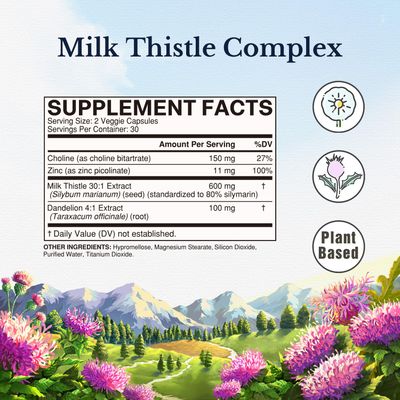 Vitalitown Milk Thistle Complex 30X Extract Std. 80 Silymarin Choline Dandelion Root Zinc Superior Liver Antioxidant Support Vegan, Non-GMO, No Dairy 600 mg 60 Veggie Caps