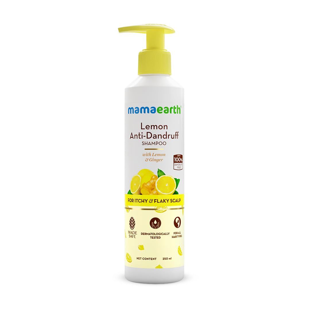 MAMAEARTH Lemon Anti Dandruff Shampoo for Itchy Flaky Scalp with Ginger to Gently Cleanse Build Up, Dirt Excess Oil for Healthy Itch-Free Scalp 8.45 Fl Oz (250ml)