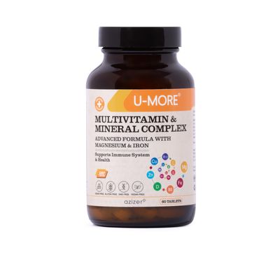 U-MORE Multivitamin Mineral Complex, Vegan, Sugar-Free, Gluten-Free, Calcium, Magnesium, Vitamin A, B1, B2, B5, B6, B12, D3, K, C, Iron, Zinc, Supports Immune System Overall Health - 60 Tablets