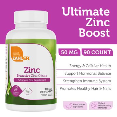 Zahler Zinc 50mg, Supports Immune and Antioxidant Protection, Certified Kosher, 90 Capsules