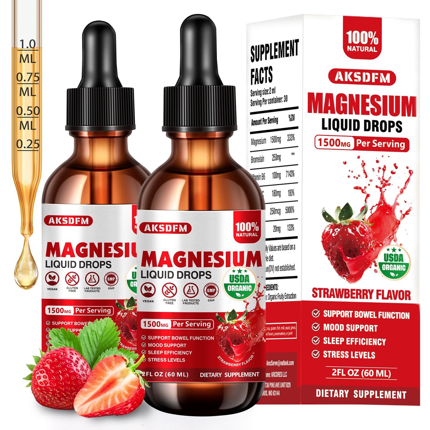 Magnesium Glycinate Liquid 2 Pack - 1500mg Maximized Absorption Magnesium Complex Supplement to Support Stress Relief, Night, Heart Health Nerves and Muscles - Strawberry Flavor