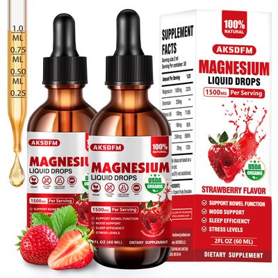 Magnesium Glycinate Liquid 2 Pack - 1500mg Maximized Absorption Magnesium Complex Supplement to Support Stress Relief, Night, Heart Health Nerves and Muscles - Strawberry Flavor