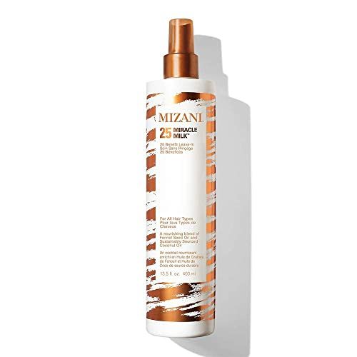 Mizani 25 Benefit Miracle Milk Leave in Conditioner Heat Protectant and Detangler Spray Formulated with Coconut Oil For Frizzy Curly Hair 13.5 fl oz