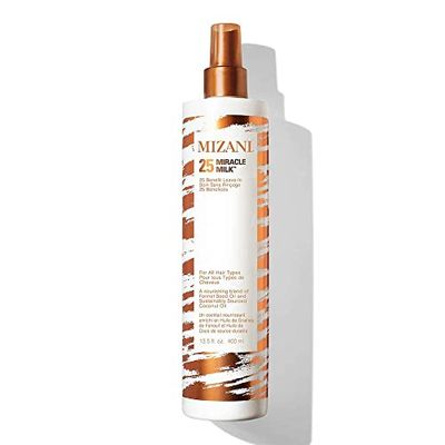 Mizani 25 Benefit Miracle Milk Leave in Conditioner Heat Protectant and Detangler Spray Formulated with Coconut Oil For Frizzy Curly Hair 13.5 fl oz