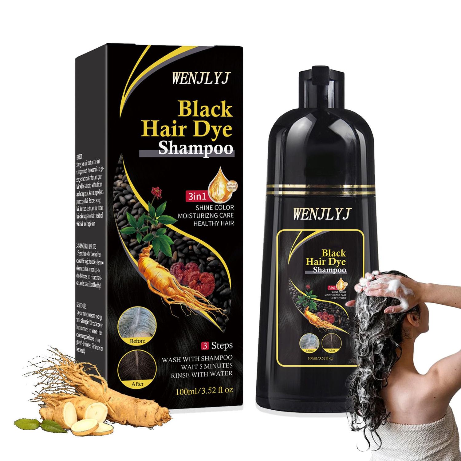 WENJLYJ Black Hair Dye Shampoo,Hair Color Shampoo for Women Men,Long Lasting Hair Shampoo
