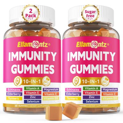 10-In-1 Immune Gummies with Multivitamins, 100 Daily Zinc, Vitamin C D3 Immunity Supplement Echinacea, Sambucus Elderberry, Turmeric, Magnesium, Immune Support, Overall Health, Sugar Free, 2 Pack