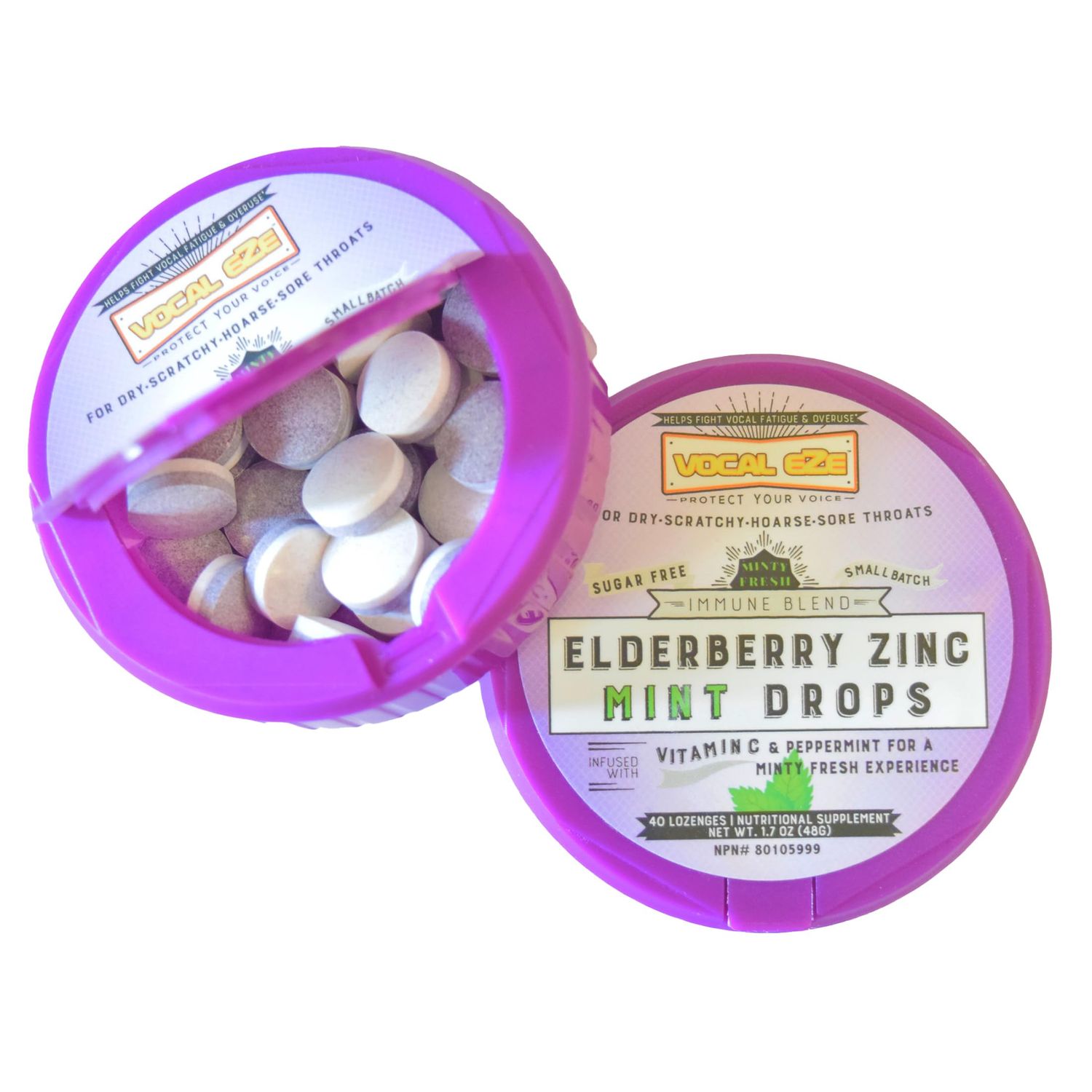 Vocal Eze Elderberry Mint with Vitamin C and Zinc (40) Lozenges to Relieve Sore, Hoarse, Fatigue, Dryness of Throat Voice Support, Sugar Free