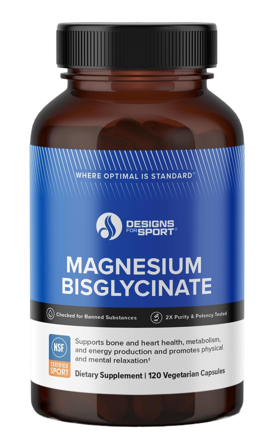 Designs for Sport Magnesium Bisglycinate - Magnesium Supplement to Support ATP Energy, Muscle Recovery, Bone Health Heart Health - NSF Certified for Sport (120 Capsules)