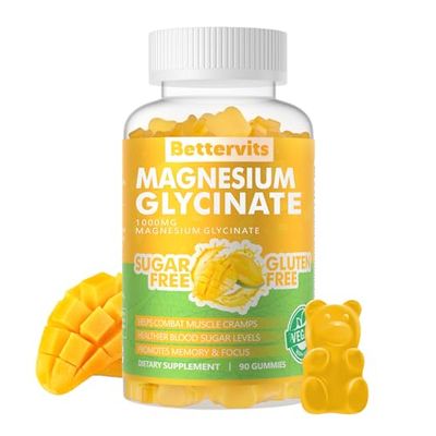 90 CT Magnesium Glycinate Gummies 1000mg - Sugar Free Magnesium Potassium Supplement with Vitamin D, B6, CoQ10 for Calm Mood Sleep Support - 90 Mango Pineapple Gummies