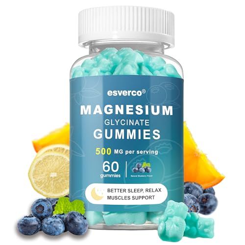 Esverco Magnesium Glycinate Gummies 500mg Sleep for Men Women Vitamin C, Vegan Promotes Relaxation Muscle, Chewable Magnesium, No Melatonin, Non GMO, Natural Blueberry Flavor, 60 Count