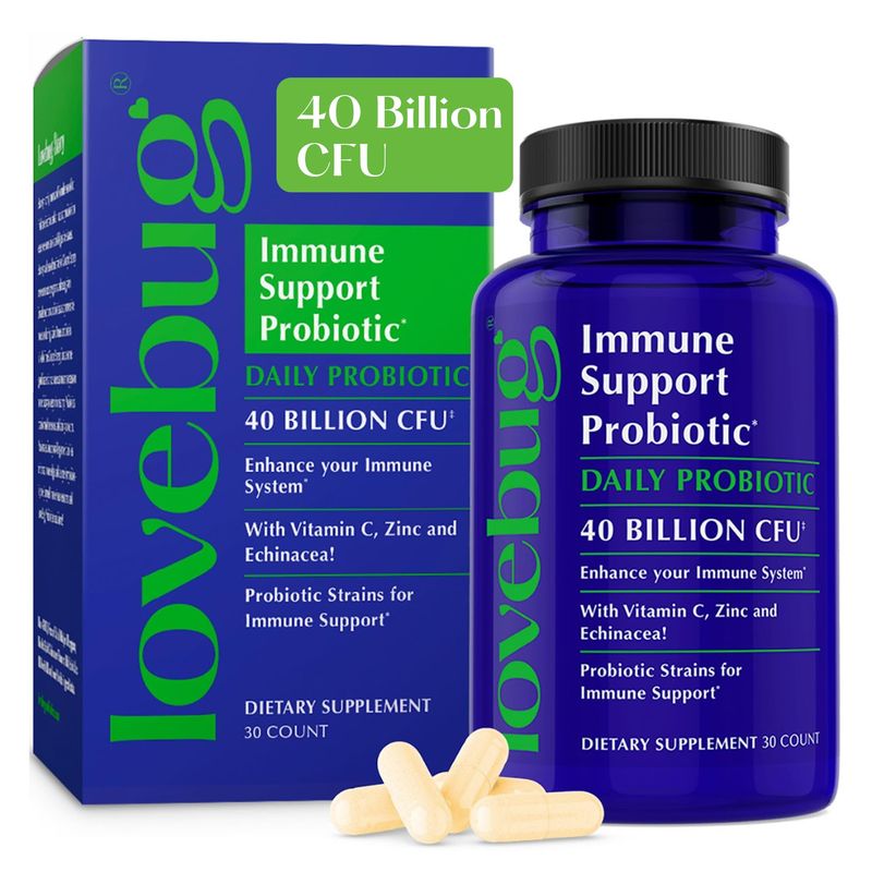 lovebug PROBIOTICS Immune Support Daily Probiotic for Men Women, 40 Billion CFU 6 Strains, Includes Vitamin C, Zinc Echinacea, 30 Capsules, Vegan Non-GMO