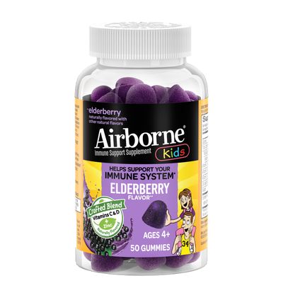 Airborne KIDS Elderberry Zinc Vitamin C Gummies, Kids Immune Support with Powerful Antioxidants Vit D E - 50 gummies, Elderberry Flavor