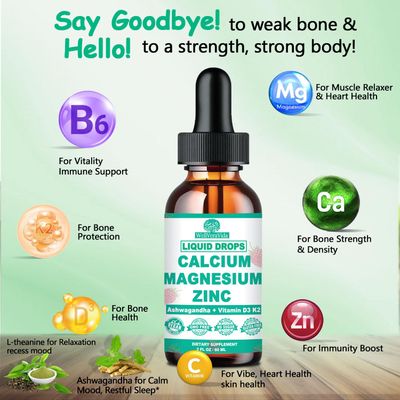 Calcium Magnesium Zinc D3 with Calm Magnesium Glycinate Plus Ashwagandha, L-Theanine, Liquid Calcium with Vitamin D3 and Magnesium Supplement for Immune, Bone, Muscle, Mood Sleep Support