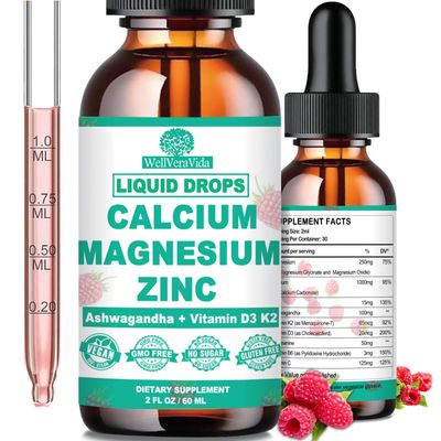 Calcium Magnesium Zinc D3 with Calm Magnesium Glycinate Plus Ashwagandha, L-Theanine, Liquid Calcium with Vitamin D3 and Magnesium Supplement for Immune, Bone, Muscle, Mood Sleep Support