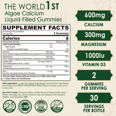 LILICARE Plant Based Calcium Supplement 600mg with Vitamin D3 K2, Zinc for Bone Strength, Sustainably Sourced Algae Calcium Magnesium, Sugar Free, 70 Trace Minerals, Vegan - 60 Count (Pack of 2)