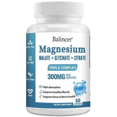 Triple Magnesium Complex 300 mg, Magnesium Glycinate, Malate, Citrate for Easy Absorption Magnesium Complex Supplement Support Muscle, Nerves, Energy and Heart Health, Non-GMO 60 Capsules