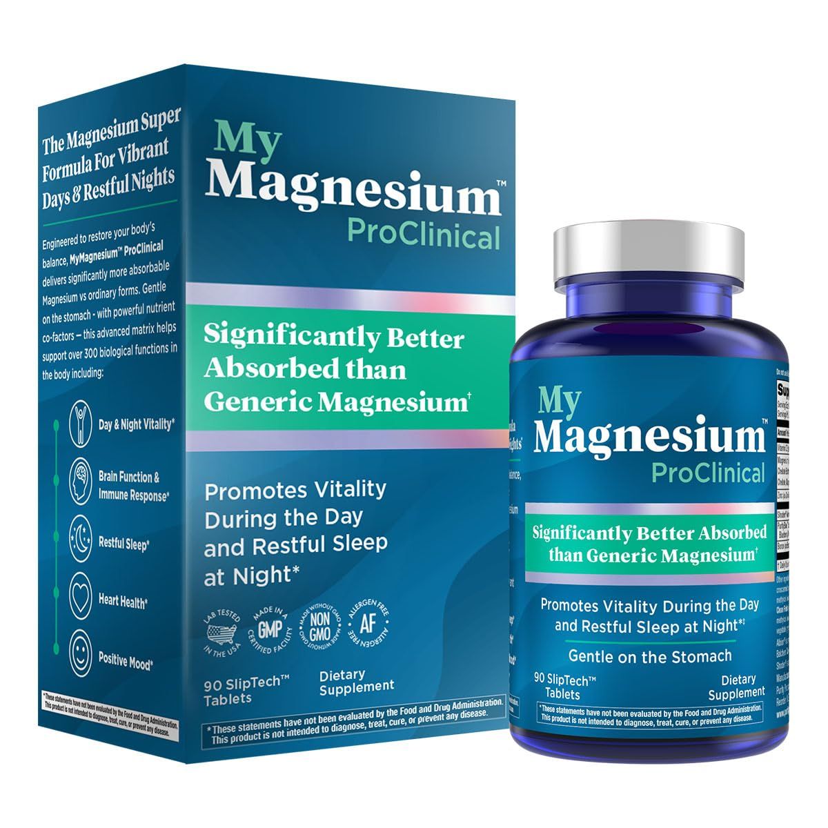 MyMagnesium ProClinical - Magnesium Bisglycinate Chelate Buffered Zinc Ashwagandha More - Allergen Free - Made Without GMO - Purity Products - 90 Clean Finish SlipTech Tablets