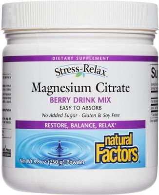 Stress-Relax Magnesium Citrate Drink Mix by Natural Factors, Restores Normal Levels of Magnesium Balances Calcium Intake, Non-GMO, Berry Flavor, 8.8 oz (75 servings)