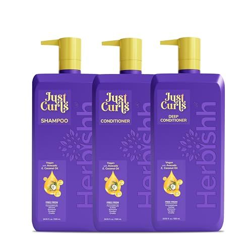 Herbishh Just Curls Vegan Shampoo and Conditioner Deep Conditioner for Curly Hair Products Kit Enriched with Avocado Coconut Oil for Dry Damaged, Wavy, Curly Hair Gift set for Women Men