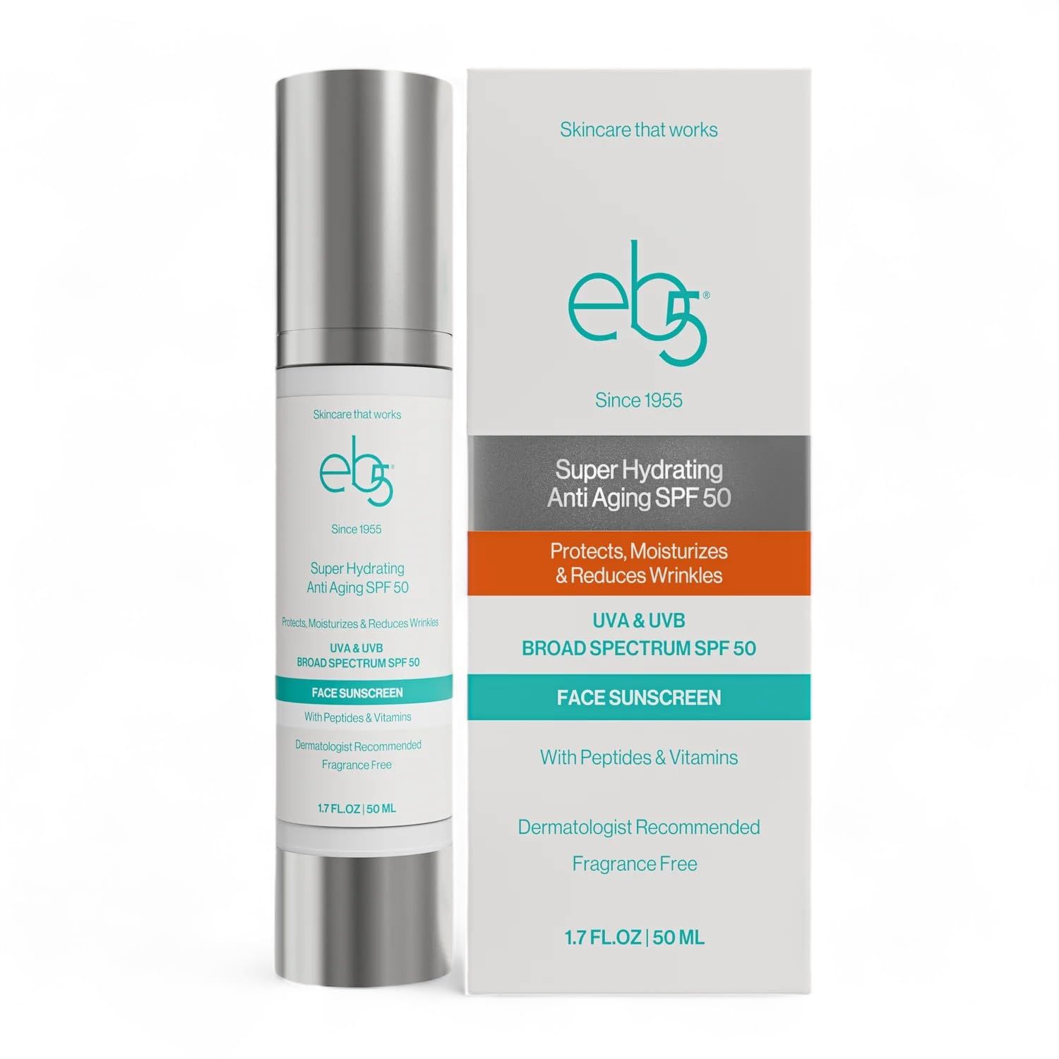 eb5 Super Hydrating Anti-Aging Face Sunscreen SPF 50 AM Facial Moisturizing Broad Spectrum Sunscreen formulated with Zinc Oxide, Hyaluronic Acid Multi-Peptides, Vitamin E, C A - 1.7 FL.Oz