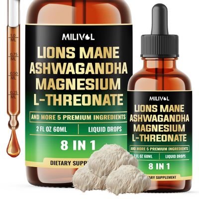 MILIVOL 8in1 Lions Mane Liquid Drops with Ashwagandha Root, Magnesium L-Threonate 5 Herbs - Mood Balance, Brain Health, Immune - 60 Days Supply - 2Fl oz