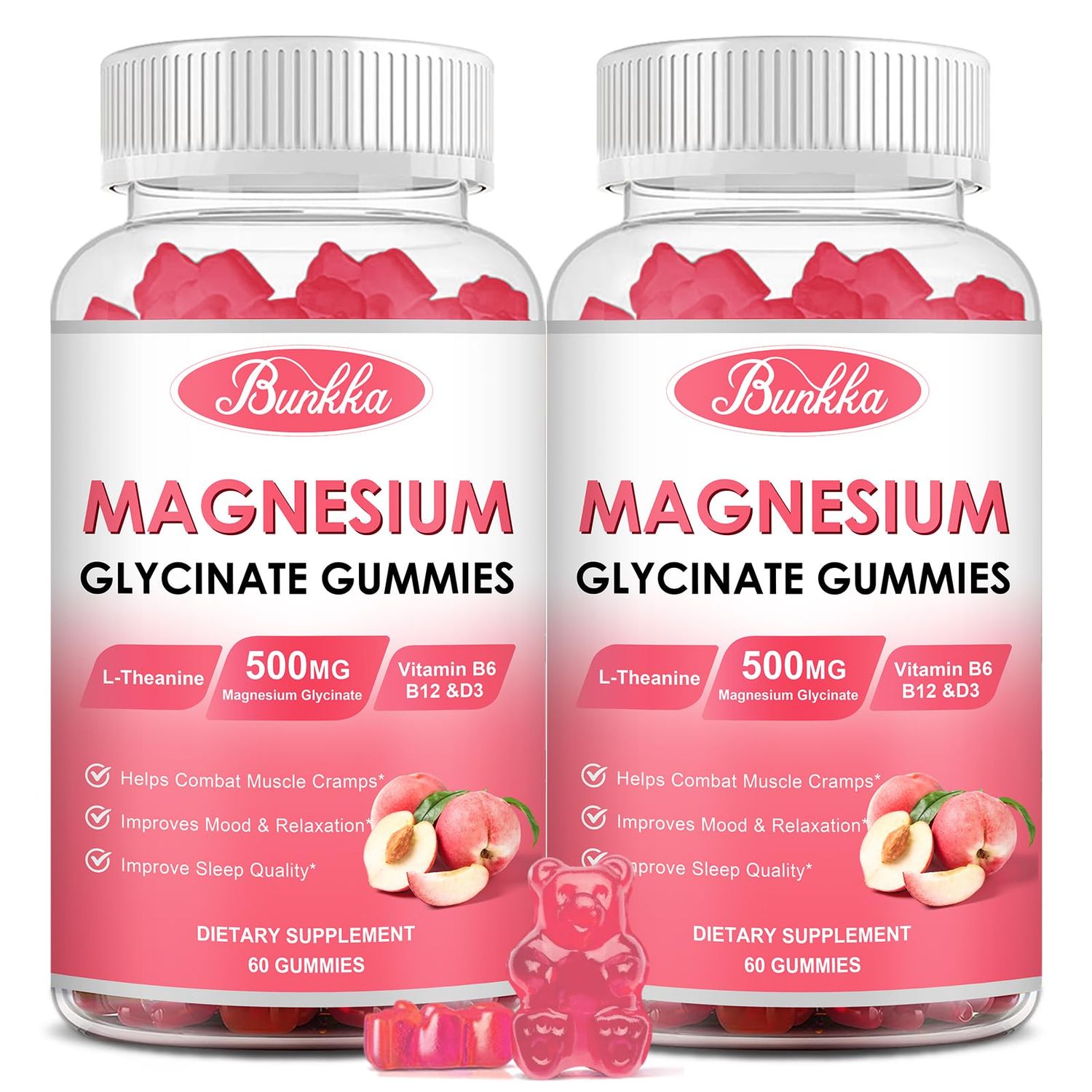 Bunkka (2 Pack) Magnesium Glycinate Gummies-Magnesium Glycinate 500mg, Magnesium Complex Supplement with Potassium, VitaminD, B6 for Calm, SleepStress Relief-Sugar Free, 120 Peach Magnesium Gummies