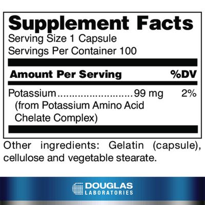 Douglas Laboratories Potassium 99 mg Chelated Supports Nerve Impulses, Skeletal Muscle Function, and Already Normal Blood Pressure 100 Capsules