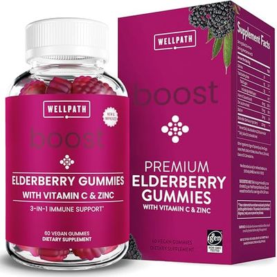 WellPath Boost Elderberry Gummies with Zinc Vitamin C Immune Support Supplement for Adults Immunity Booster Vitamins Sambucol Black Gummy Non-GMO Vegan, 60 Ct