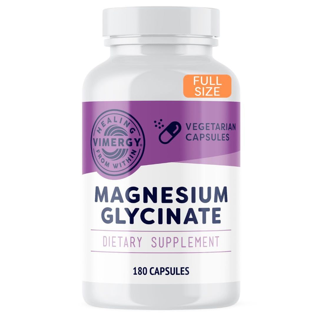 Vimergy Magnesium Glycinate - Stress Support - Chelated to Avoid Tummy Upset- Promotes Heart Health Energy- Kosher, Vegan Gluten-Free - 180 Caps