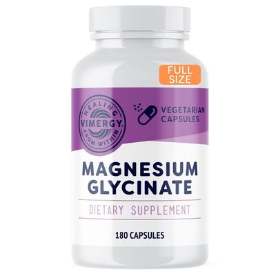 Vimergy Magnesium Glycinate - Stress Support - Chelated to Avoid Tummy Upset- Promotes Heart Health Energy- Kosher, Vegan Gluten-Free - 180 Caps