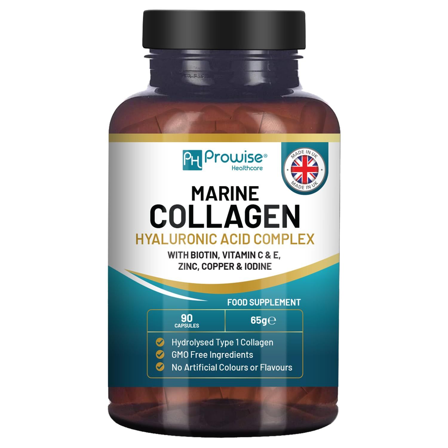 Marine Collagen with Hyaluronic Acid 1100mg - 90 Capsules Boosted with Hyaluronic Acid, Vitamins C, E, B2, Biotin, Copper, Zinc and Iodine for Women and Men Made in The UK by Prowise Healthcare