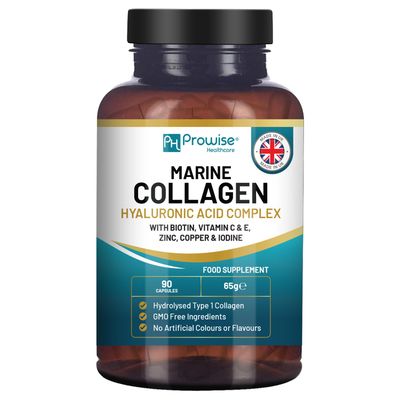 Marine Collagen with Hyaluronic Acid 1100mg - 90 Capsules Boosted with Hyaluronic Acid, Vitamins C, E, B2, Biotin, Copper, Zinc and Iodine for Women and Men Made in The UK by Prowise Healthcare