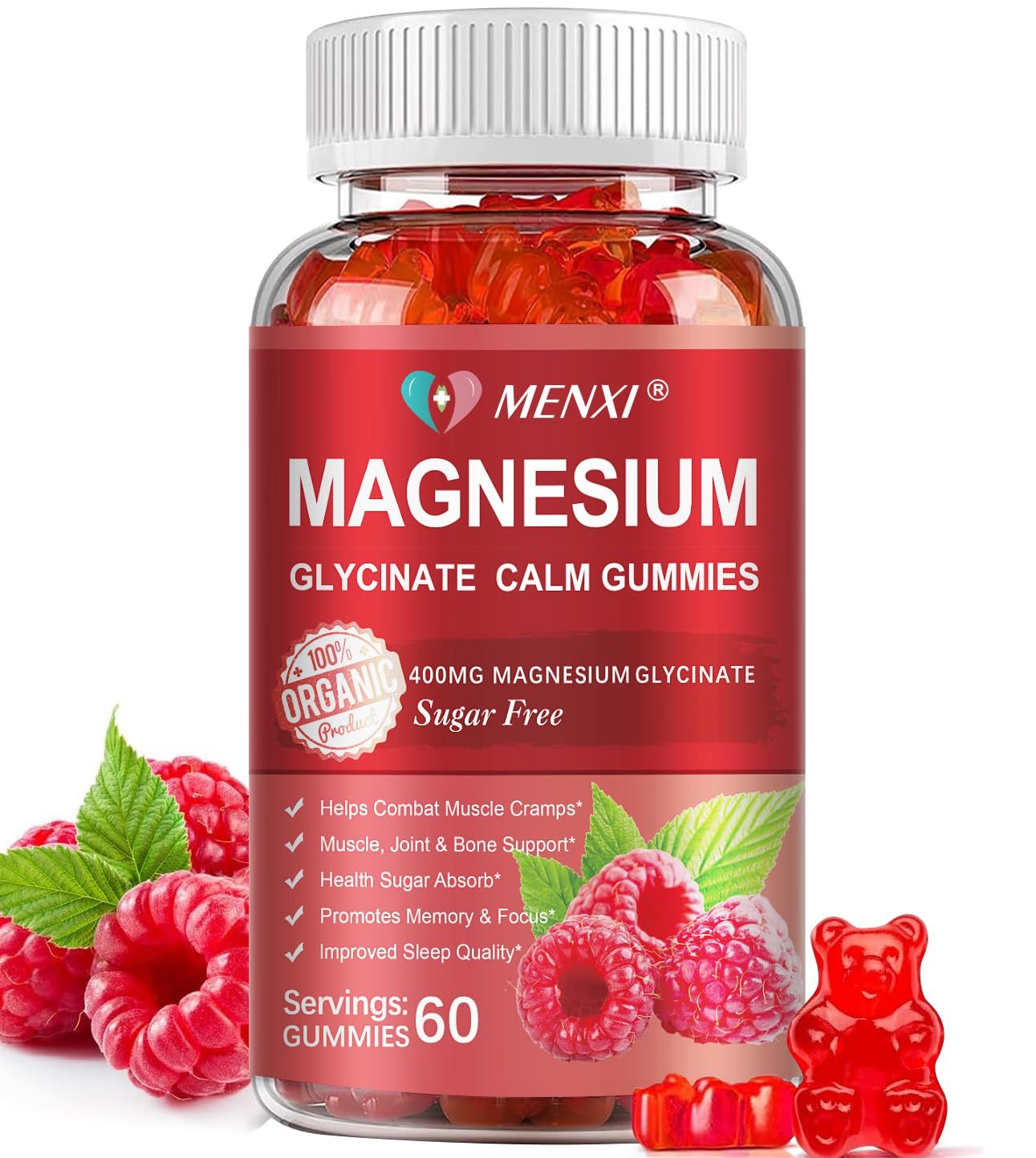 Magnesium Gummies 600mg per Serving-Magnesium Glycinate 400mg and Magnesium Malate 200mg,Sugar Free Magnesium Potassium Supplement for Calm Mood, Muscle, Bone Sleep Support,60 Raspberry Gummies