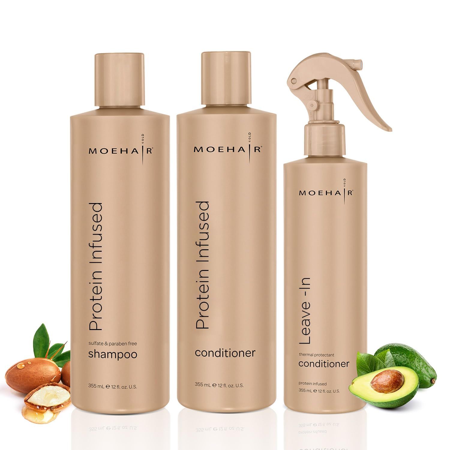 Moehair Trio Pack Combo of Protein-Infused Shampoo and conditioner Set with Leave-In Conditioner Hydrates Dry, Damaged Hair Frizz Control Haircare Combo (12 Fl. Oz)